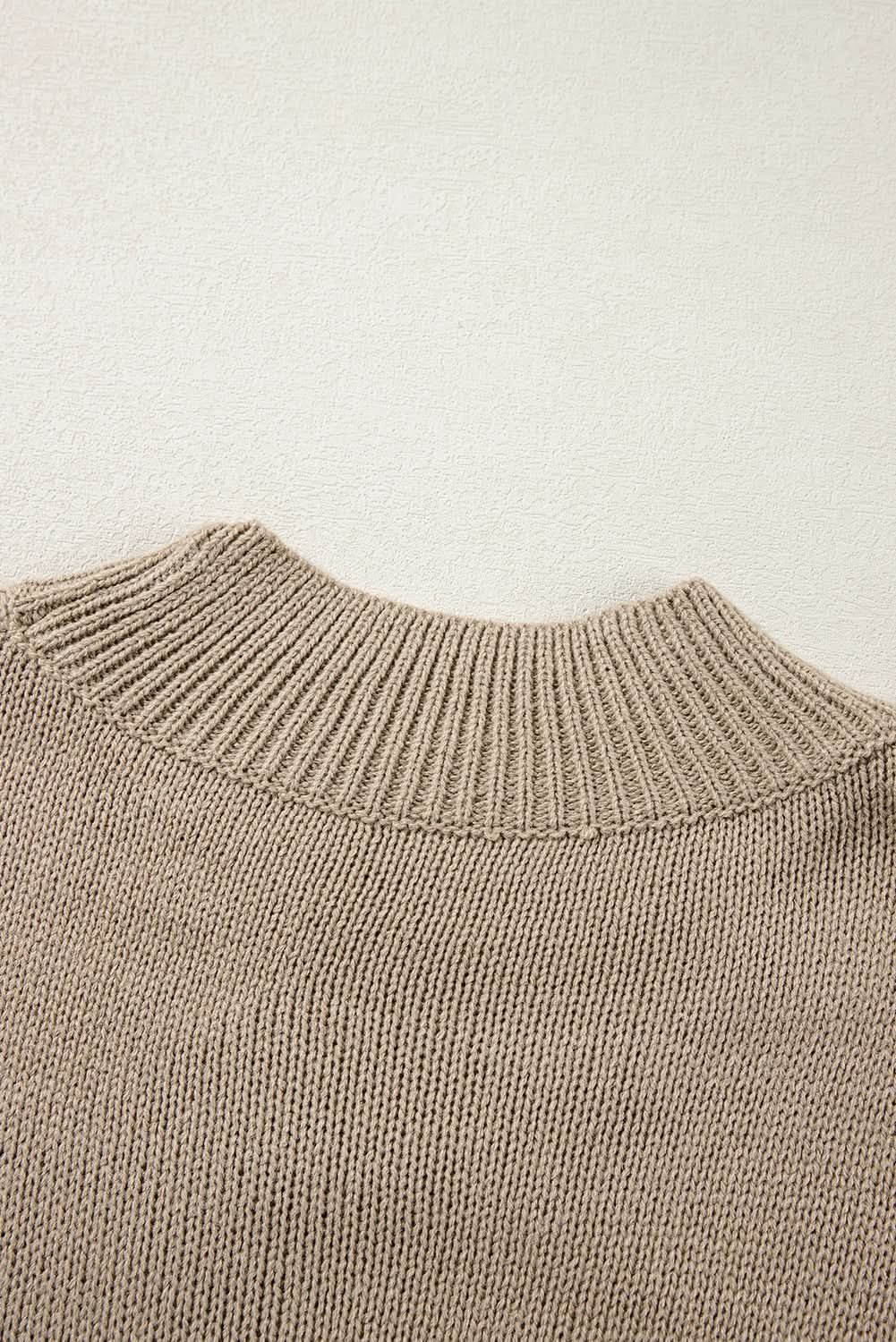 Dark Khaki Plus Size Big Flower Pattern High Neck Drop Shoulder Sweater - Love Salve